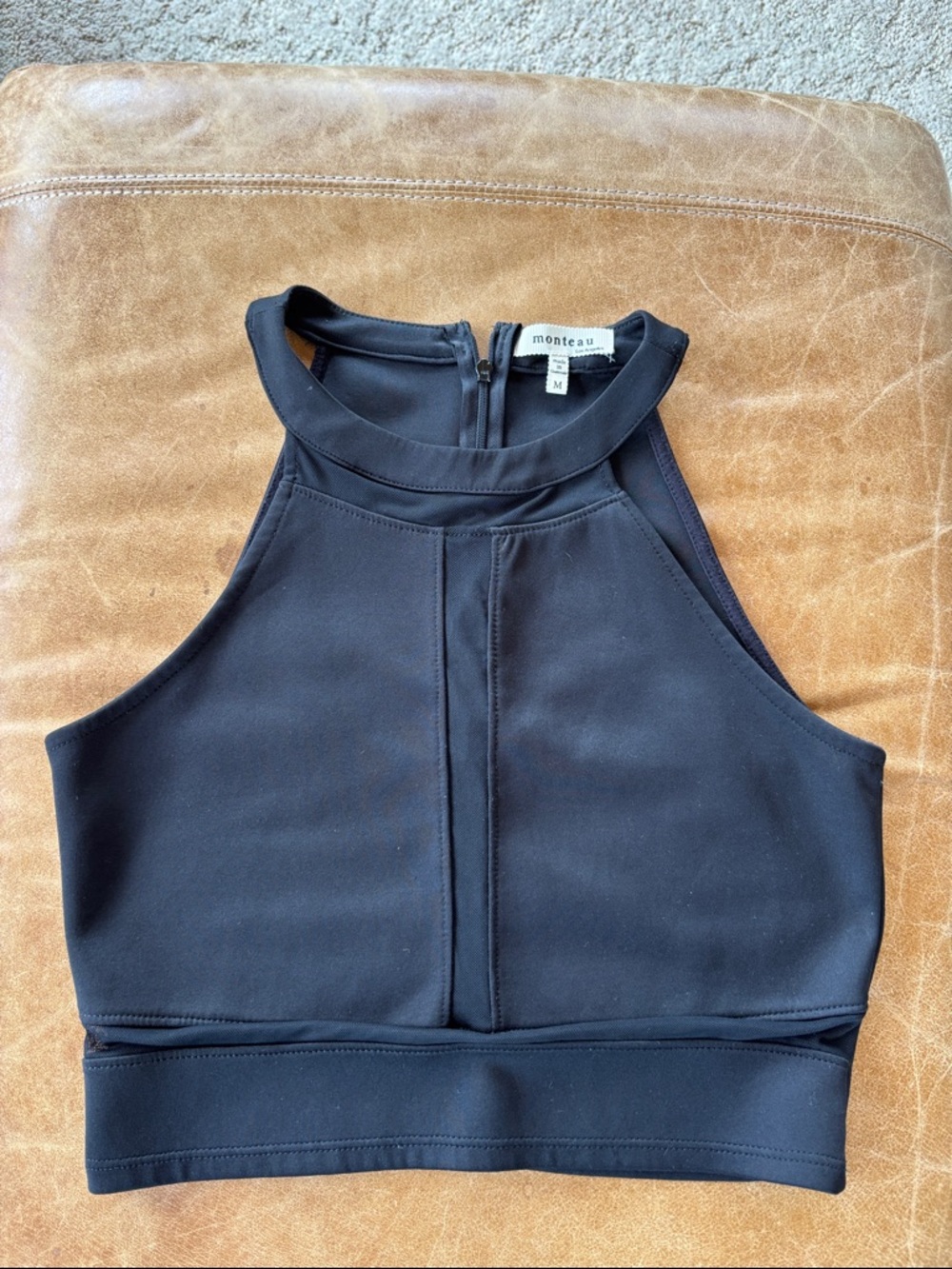 Monteau Black High Neck Cropped Top with Center Seam